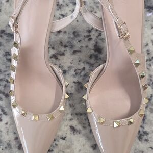 Nude Patent Pointed-Toe Stud Ankle-Strap Flats